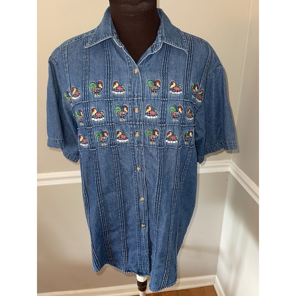 Vintage Mandal Bay Denim Rooster Jean Shirt‎ Pleated Womens Sz S/M Embroidered